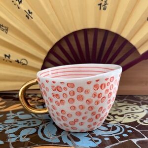 PAPER SOURCE CERAMIC Polka Dot Teacup with Gold Handle.